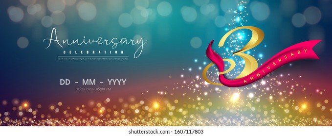 3 years anniversary logo template on gold and blue background. 3rd celebrating golden numbers with red ribbon vector and confetti isolated design elements