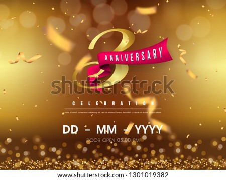 3 years anniversary logo template on gold background. 3rd celebrating golden numbers with red ribbon vector and confetti isolated design elements