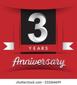 3 years anniversary logo with white ribbon isolated on red background, flat design style, Vector template elements for birthday celebration.