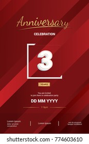 3 Years Anniversary Logotype with 3d white number isolated on red abstract background
