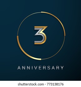  3 Years Anniversary Logotype with  Gold and Silver Multi Linear Number in a Golden Circle , Isolated on Dark Background