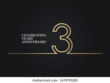 3 Years Anniversary logotype with golden colored font numbers made of one connected line, isolated on black background for company celebration event, birthday
