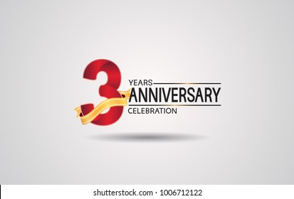 3 years anniversary logotype with red color and golden ribbon isolated on white background for celebration event