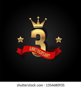 3 years Anniversary simple design with golden font, star and crown and red ribbon. Red ribbon and golden text on top golden number. My all design can see in my portofolio
