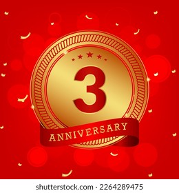 3 Jahre Jubiläum. Jubiläum Template Design Konzept mit Gold und Rot Farben , Design für Veranstaltung, Einladungskarte, Grußkarte, Banner, Poster, Flyer, Buchumschlag und Druck. Vektorgrafik-EPS10