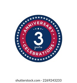 3 años de aniversario. Diseño de plantillas de aniversario, color rojo y azul con estrellas, diseño para eventos, tarjeta de invitación, tarjeta de saludo, banner, afiche, volante, portada de libros e impresión. Vector Eps10