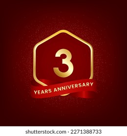 3 Jahre Jubiläum. Jubiläumsvorlage Design mit Goldnummer und rotem Band, Design für Veranstaltung, Einladungskarte, Grußkarte, Banner, Poster, Flyer, Buchumschlag und Druck. Vektorgrafik-EPS10