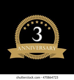 3 years anniversary template with ribbon. 3rd celebration emblem or icon. Vector illustration.