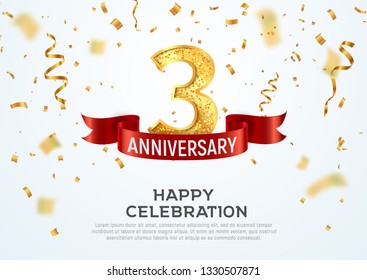 3 years anniversary vector banner template. Three year jubilee with red ribbon and confetti on white background