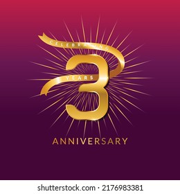 3 Jahre Jubiläum Vektorbanner-Vorlage.Geburtstagsfeier Banner mit Golden Zahlen und Konfetti.