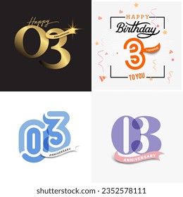 Icono de número de vector de 3 años, etiqueta de logotipo de cumpleaños, diseño de aniversario