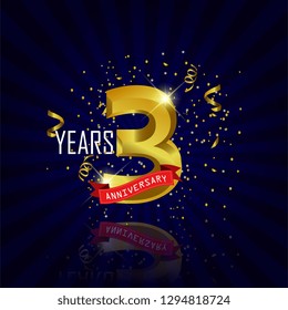 3 years anniversary Vector Template Design with golden color and silver ribbon isolated on blue sunburst background illustration for celebration event - Vector