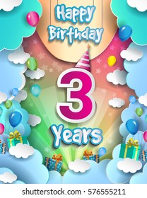 3 Years Birthday Celebration Design for greeting cards and poster, with clouds and gift box, balloons. design template for birthday celebration.