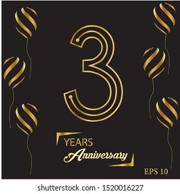 3 years gold anniversary celebration simple logo, isolated on dark background