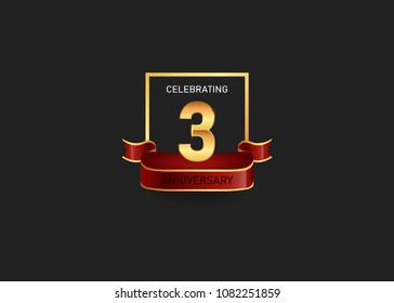 3 years golden anniversary design logotype gold square and red ribbon for celebration event, isolated on black background