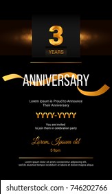3 Years Golden Anniversary Logo Celebration and Invitation Card with gold ribbon Isolated on Dark  Background