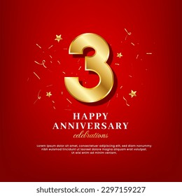 3 years of golden numbers, anniversary celebrating text, ad anniversary congratulation text with golden confetti spread on a red background