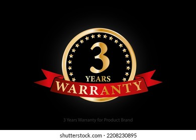 3 years golden warranty logo with ring and red ribbon isolated on black background, vector design for product warranty, guarantee, service, corporate, and your business.