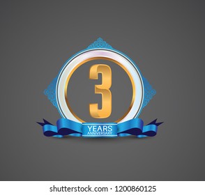 3 years logotype anniversary design with white ring, blue ornament and ribbon for use celebration event of your company, party, wedding and precious moment