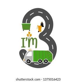 I'm 3 Years Old Birthday Boy Garbage Truck T-shirt. Cute Garbage Truck Doodle. Hand Drawn Vector Doodle Set For Kids. Good For Textiles, Clothes, Bday Gifts.