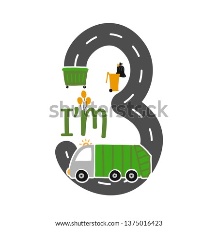 I'm 3 Years Old Birthday Boy Garbage Truck T-shirt. Cute Garbage truck doodle. Hand drawn vector doodle set for kids. Good for textiles, clothes, bday gifts.