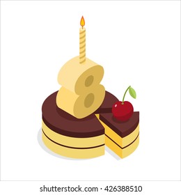 3 years old birthday cake isometrics. Figure eight with candle. Celebration of anniversary pie. Piece of festive chocolate brownie and cherry. Fun party
