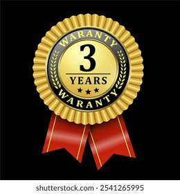 3 years powerful golden color warranty badge sign insignia symbol with stars and red ribbon on black background. Vector illustration.

