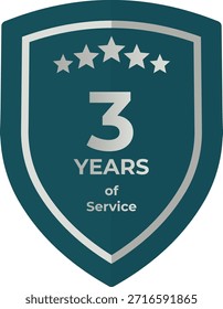Insignia de escudo verde azulado de 3 años de servicio con cinco estrellas