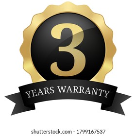 3 years warranty badge with ribbon black and gold glossy metallic luxury vintage logo