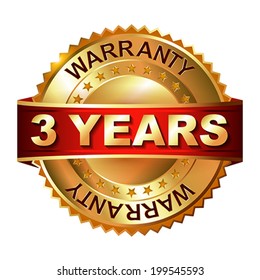 3 years warranty  golden label with  ribbon.  Vector illustration.