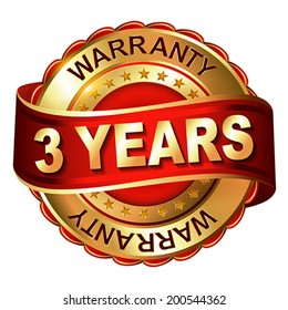 3 years warranty golden label with ribbon.  Vector illustration.