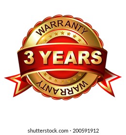 3 years warranty golden label with ribbon.  Vector illustration.