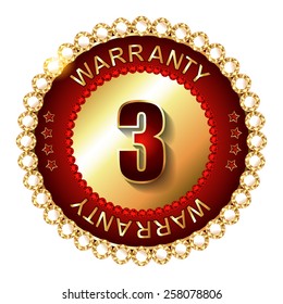 3 years warranty golden label with ribbon.  Vector illustration.
