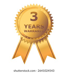 3 Years warranty label, badge, icon, logo. Golden three years warranty round sticker, medal with ribbon isolated on white background. Vector illustration