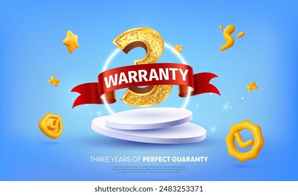 3 years warranty label vector illustration. 3d three years guarantee insurance on light blue background. Warranty service security products. Golden number one with red ribbon on podium.