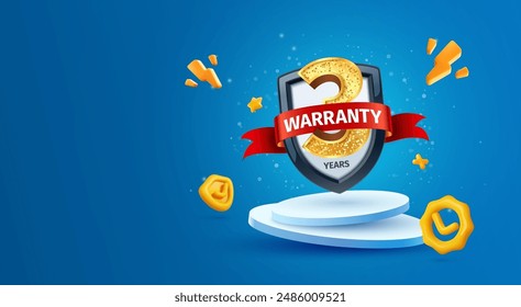 3 years warranty label vector illustration. 3d three years guarantee insurance on light blue background. Warranty service security products. Golden number three with red ribbon and shield on podium.