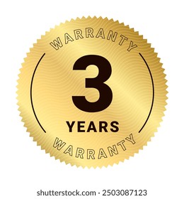 3 years warranty labels. Three Years warranty Sticker label in golden color. Warranty card stamp or banner for service provider. Gold Stars and  text label, tag or stamp Premium Quality warranty badge