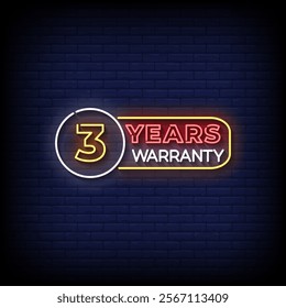 3 years warranty neon sign style with brick wall background vector