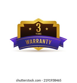 3 years warranty shield shape label badge to use on website, product banners, business icon sign. Golden gradient vector.