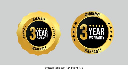 3 years of warranty. Three years warranty card with two different labels, stamps, icons design. 3 years warranty labels, stamp designs in golden and black colour. Quality assurance with warranty card.