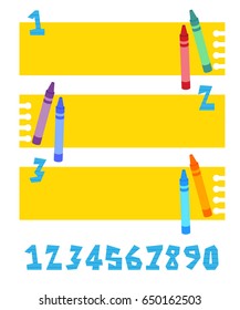 3 yellow pages banners with crayons color and numbers