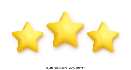3 yellow stars for product review vector illustration. 3d three gold ranking symbols in row for feedback, satisfaction opinion on website service or mobile app isolated on white background.