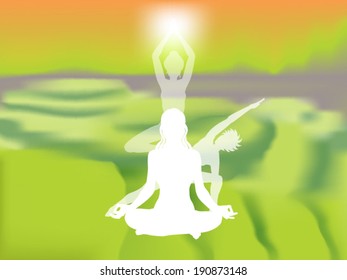 3 yoga asana women's silhouettes over a blurred tropical rice paddies background vector illustration