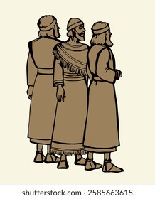 3 young age beard group middle east syria judaic faith guy boy figure stand robe tunic dress jew Iran head ruler king. Line pen hand drawn Iraq retro persia daniel god syrian sketch art style story