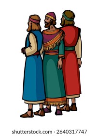3 young age beard group middle east syria judaic faith guy boy figure stand robe tunic dress jew Iran head ruler king. Line pen hand drawn Iraq retro persia daniel god syrian sketch art style story