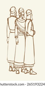 3 jovem idade barba grupo médio oriente síria judaica fé cara menino figura stand robe vestido túnica judia Irã cabeça governante rei. Linha caneta mão desenhada Iraque retro persia daniel deus sírio esboço arte história