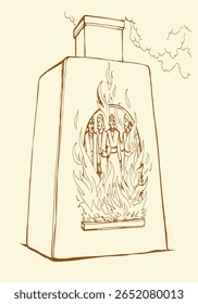 3 young age group east syria Persia law scare pain tie bound arm put jew male boy guy pray help stand big heat hot stove oven smoke sky. Hand drawn retro arab panic fear kill die art sketch idol story