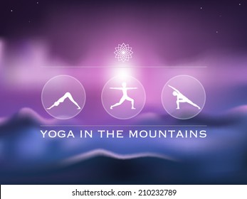 3 young woman's silhouettes on a blurred mountain background vector illustration