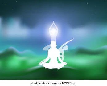 3 young woman's silhouettes on a blurred mountain background vector illustration
