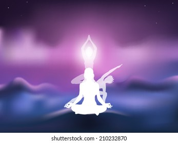 3 young woman's silhouettes on a blurred mountain background vector illustration